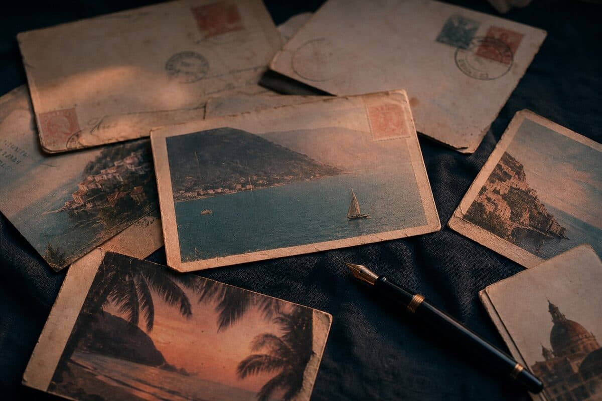 Vintage travel postcards and stamped envelopes scattered on dark linen